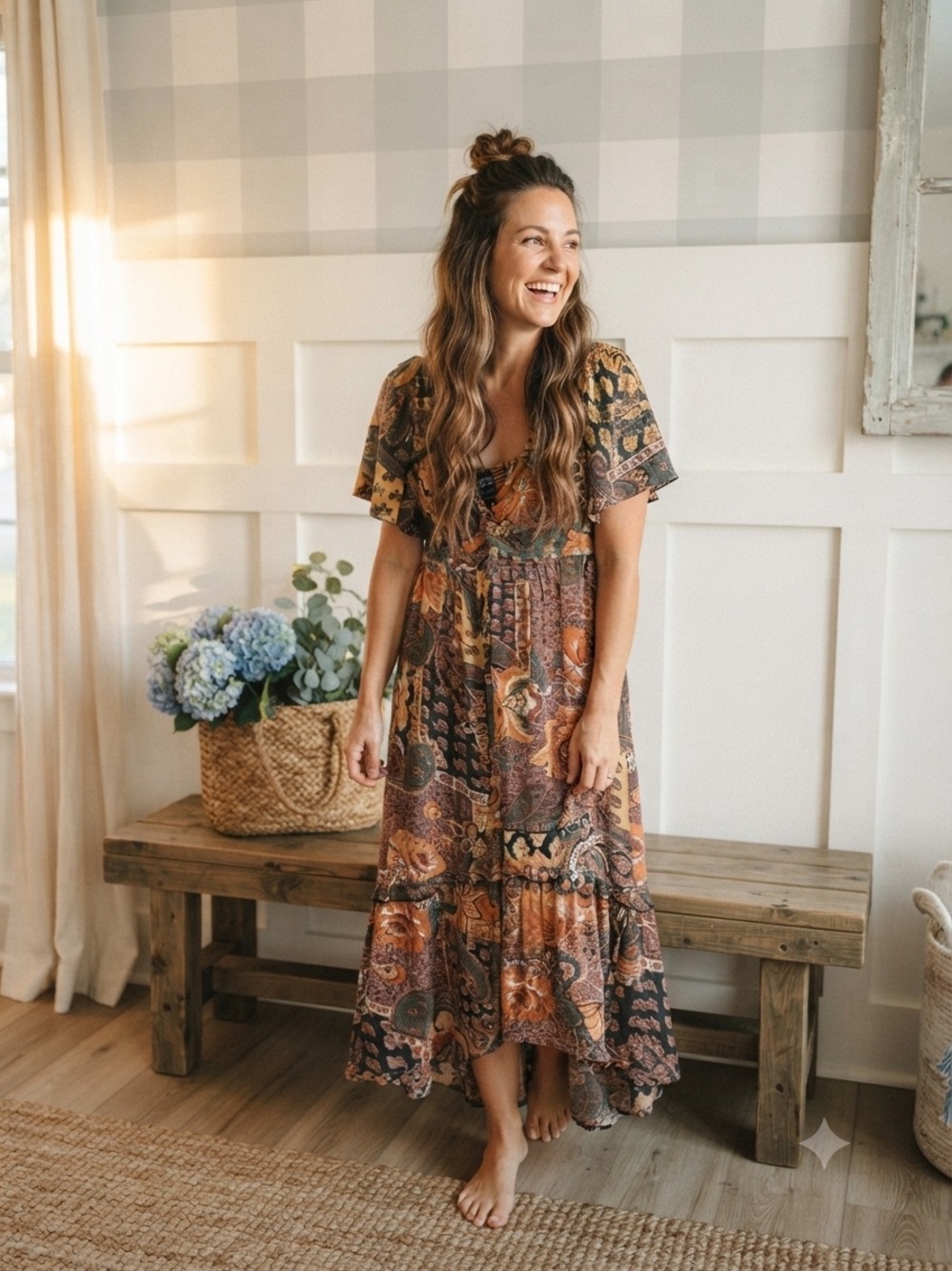 Angie Boho Maxi Dress in Rust, Olive & Black Floral Paisley Medium